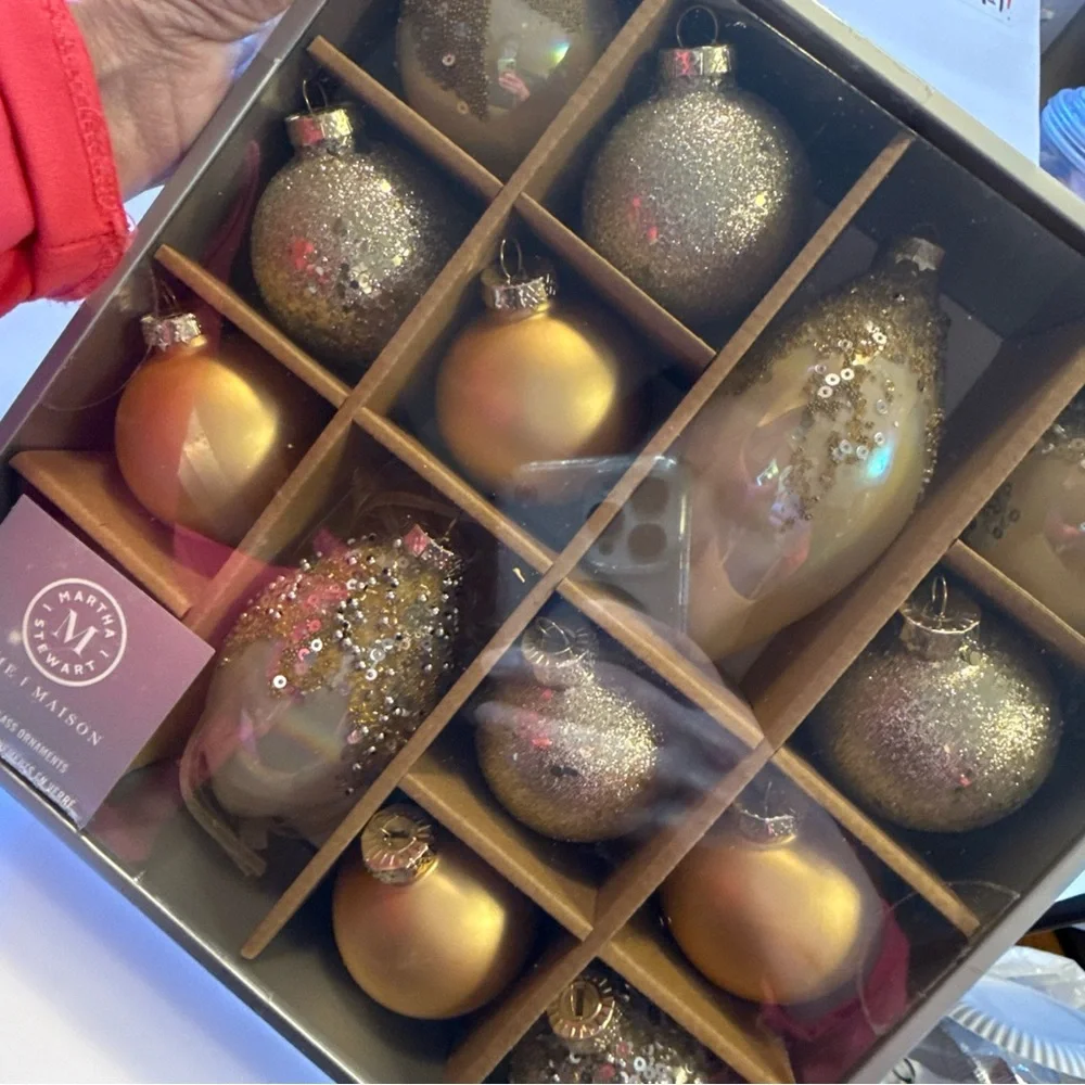 Martha Stewart Set of 14 Gold and Silver Glass Holiday Ornaments NIB